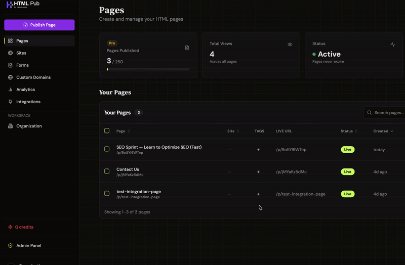 Publishing a page in HTMLPub
