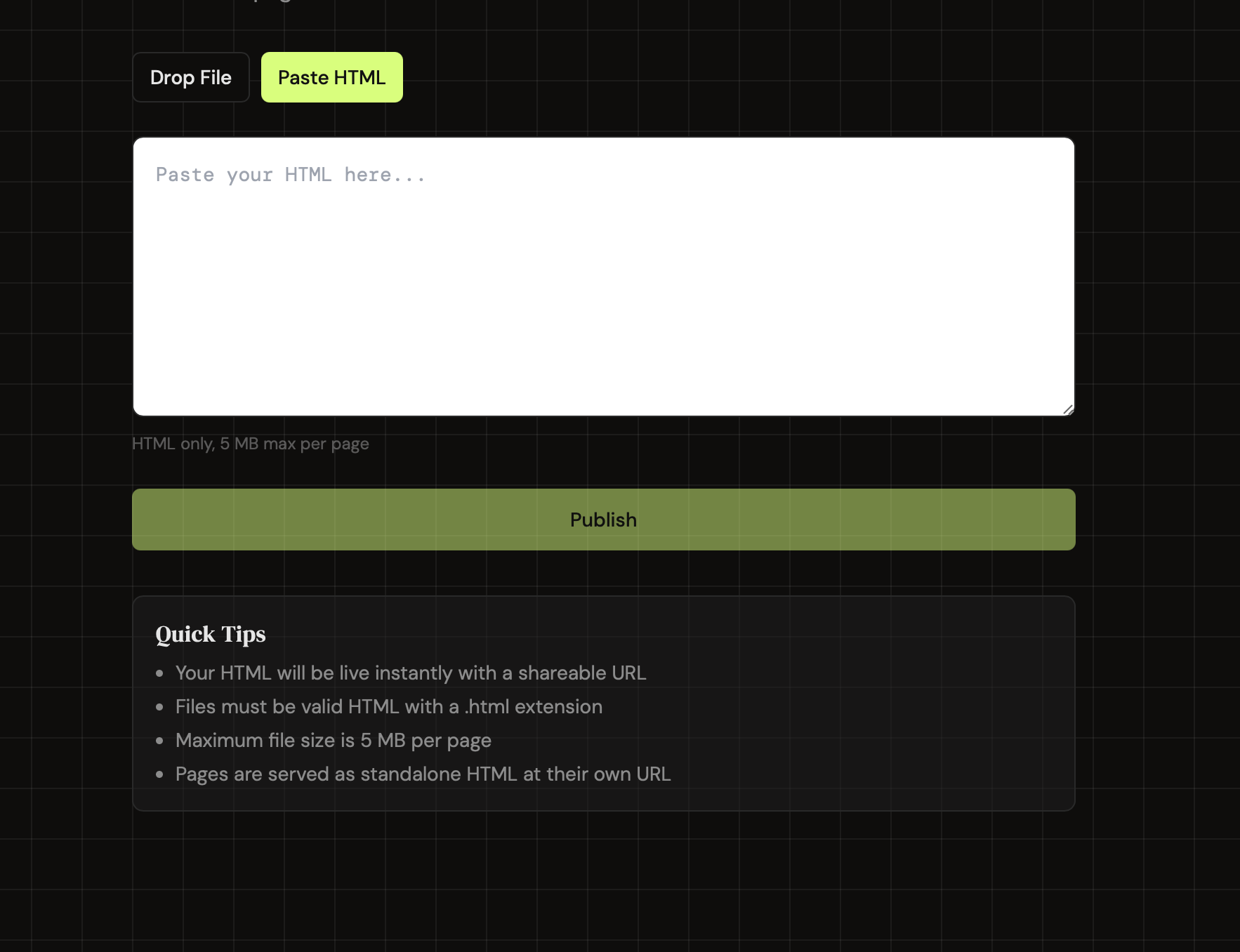 HTMLPub publish screen showing Drop File and Paste HTML tabs