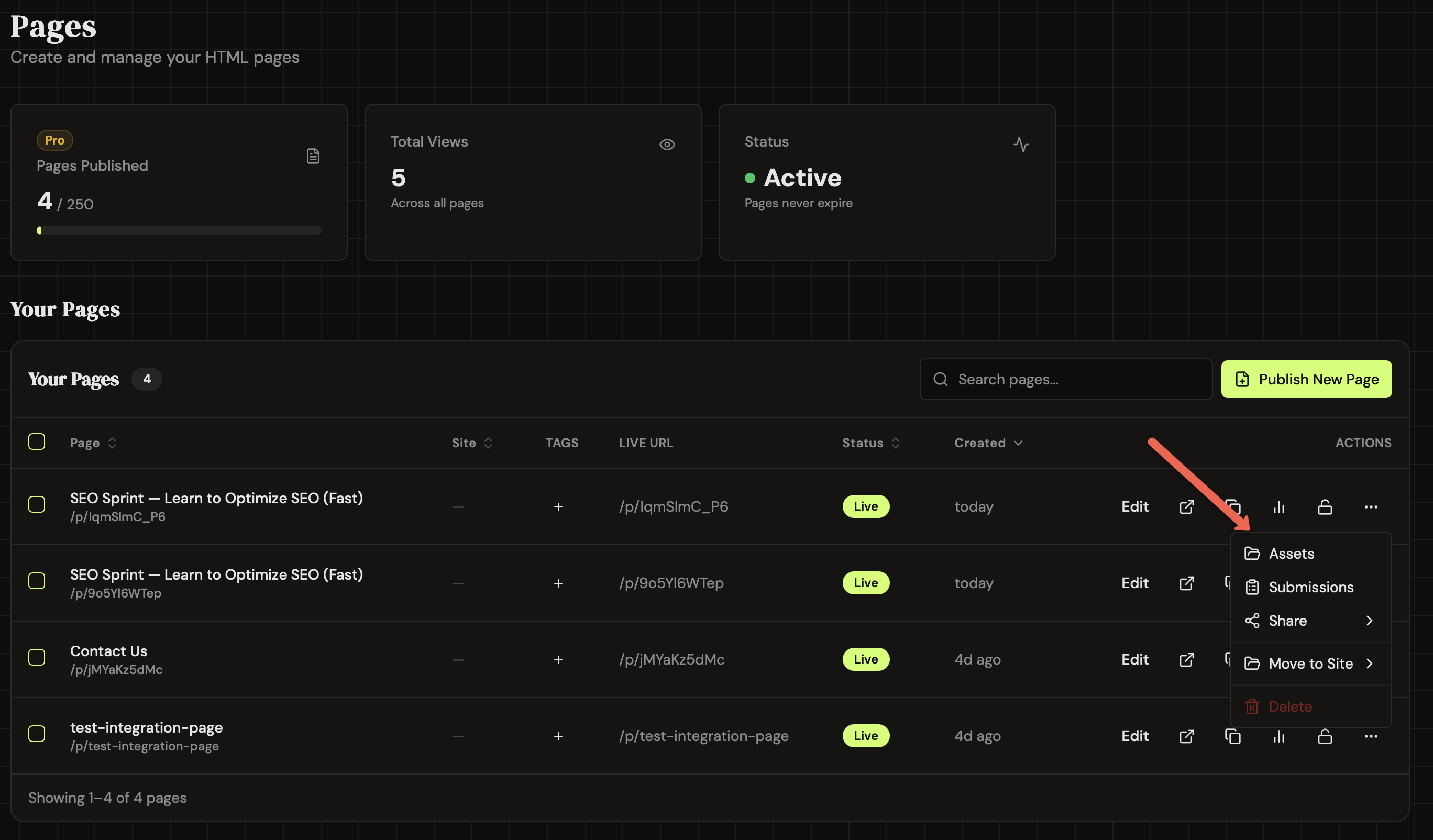 Pages list showing row actions and dropdown menu
