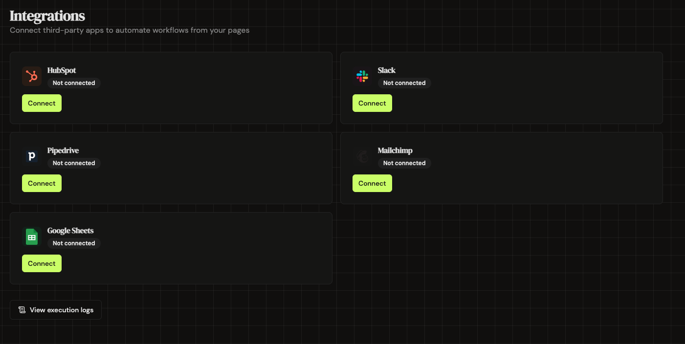 Integrations page showing HubSpot, Slack, Pipedrive, Mailchimp, and Google Sheets
