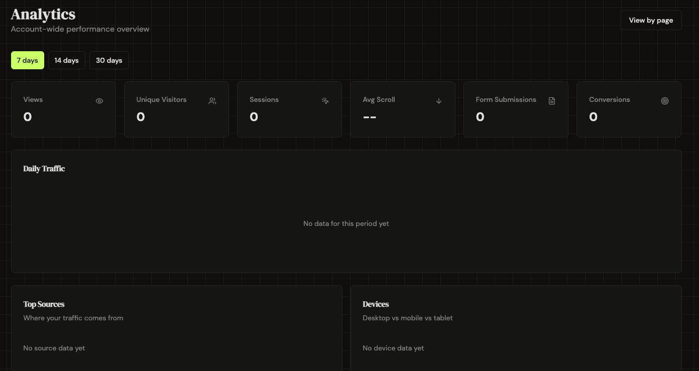 Analytics dashboard showing metrics, daily traffic chart, top sources, and devices