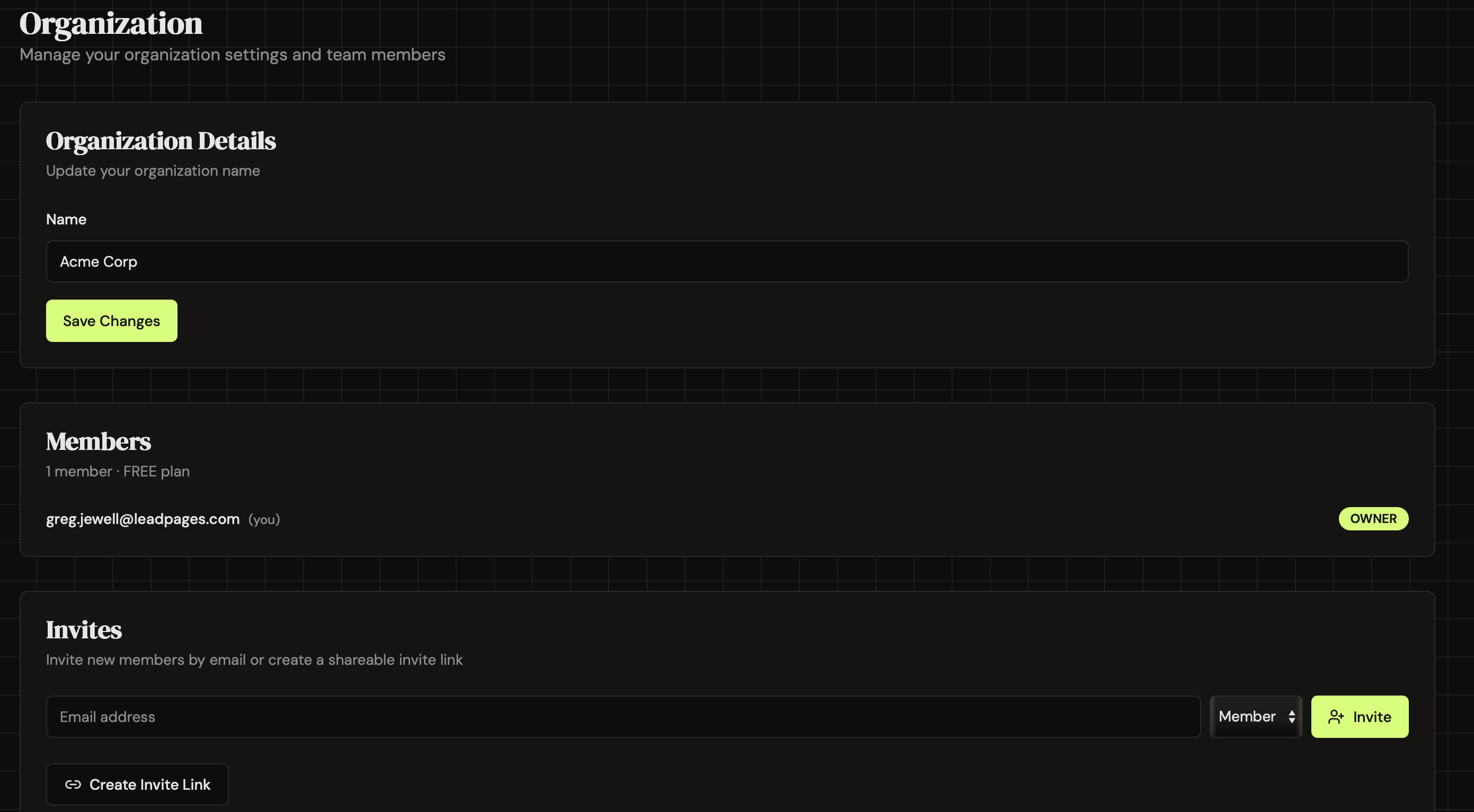 Organization settings showing members and invites