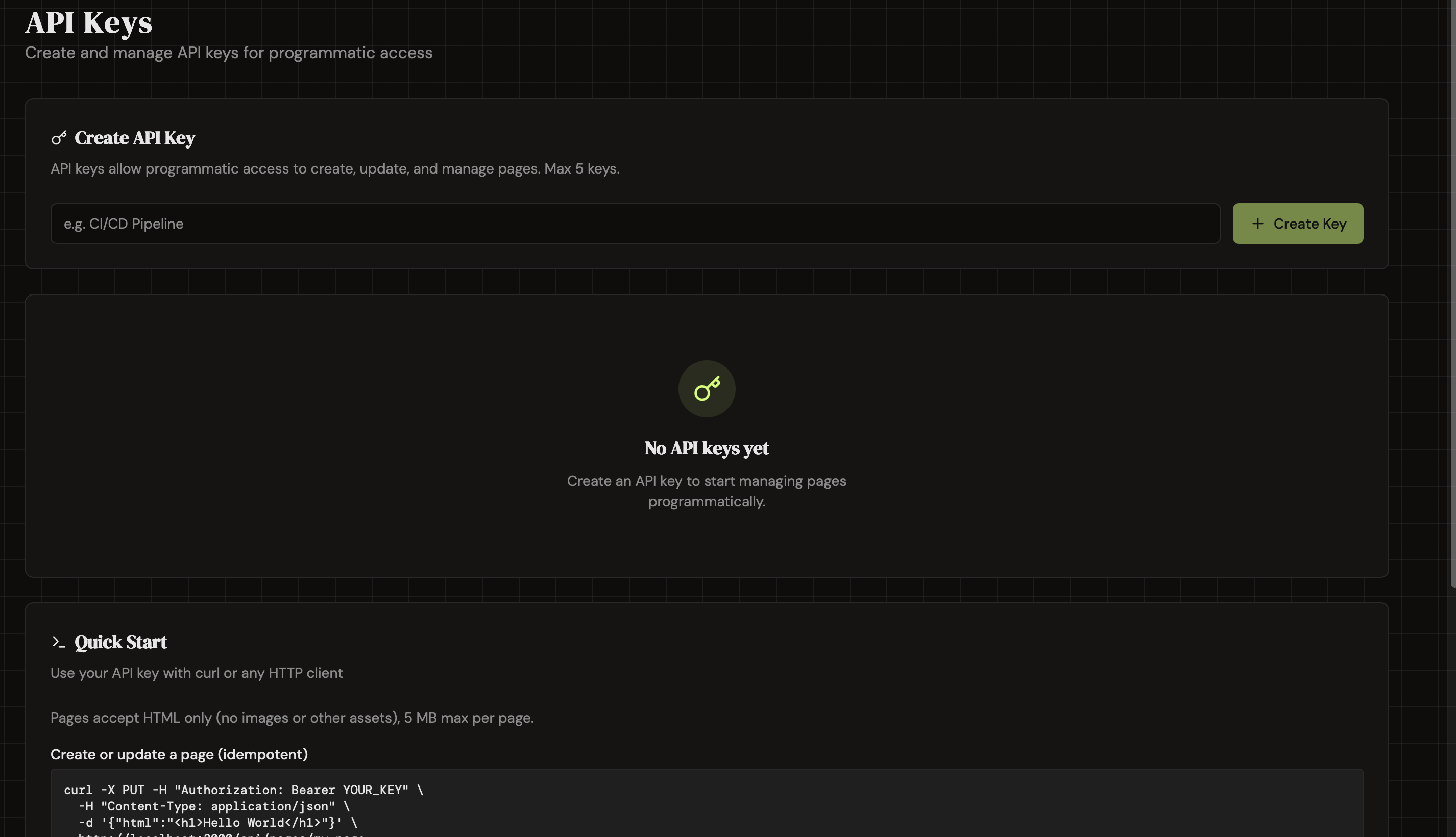 API Keys page showing the Create Key form and empty state