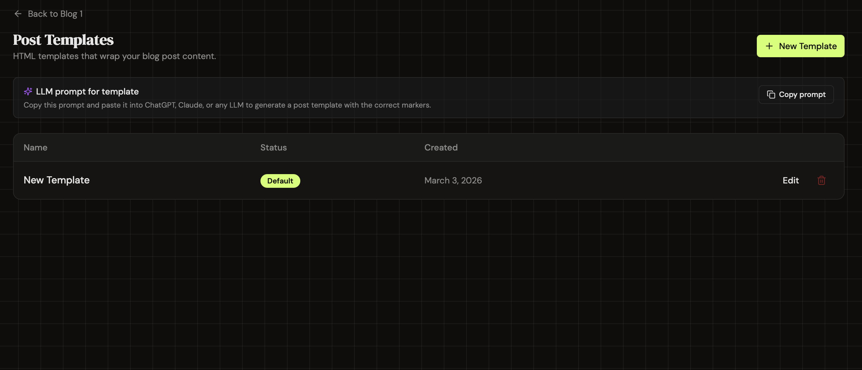 Post Templates page showing the templates table with Name, Status, and Created columns