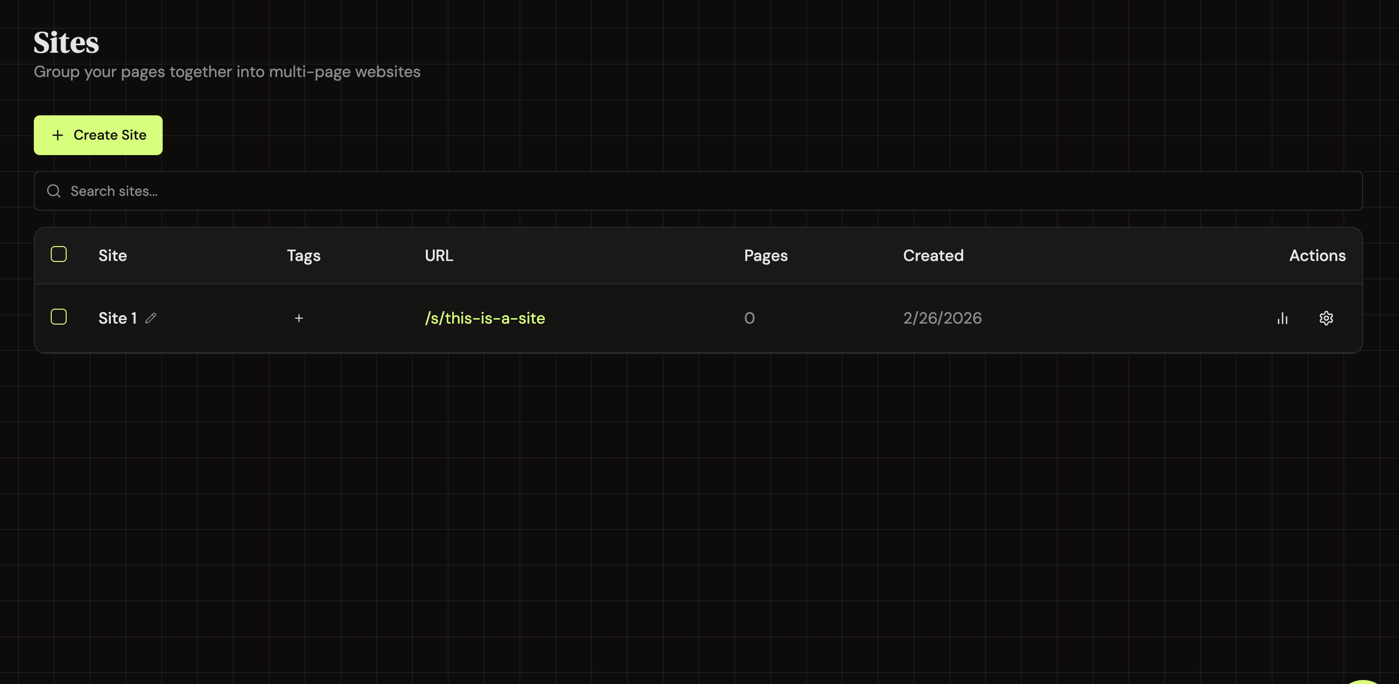 Sites dashboard showing a site in the table with its URL, page count, and action buttons